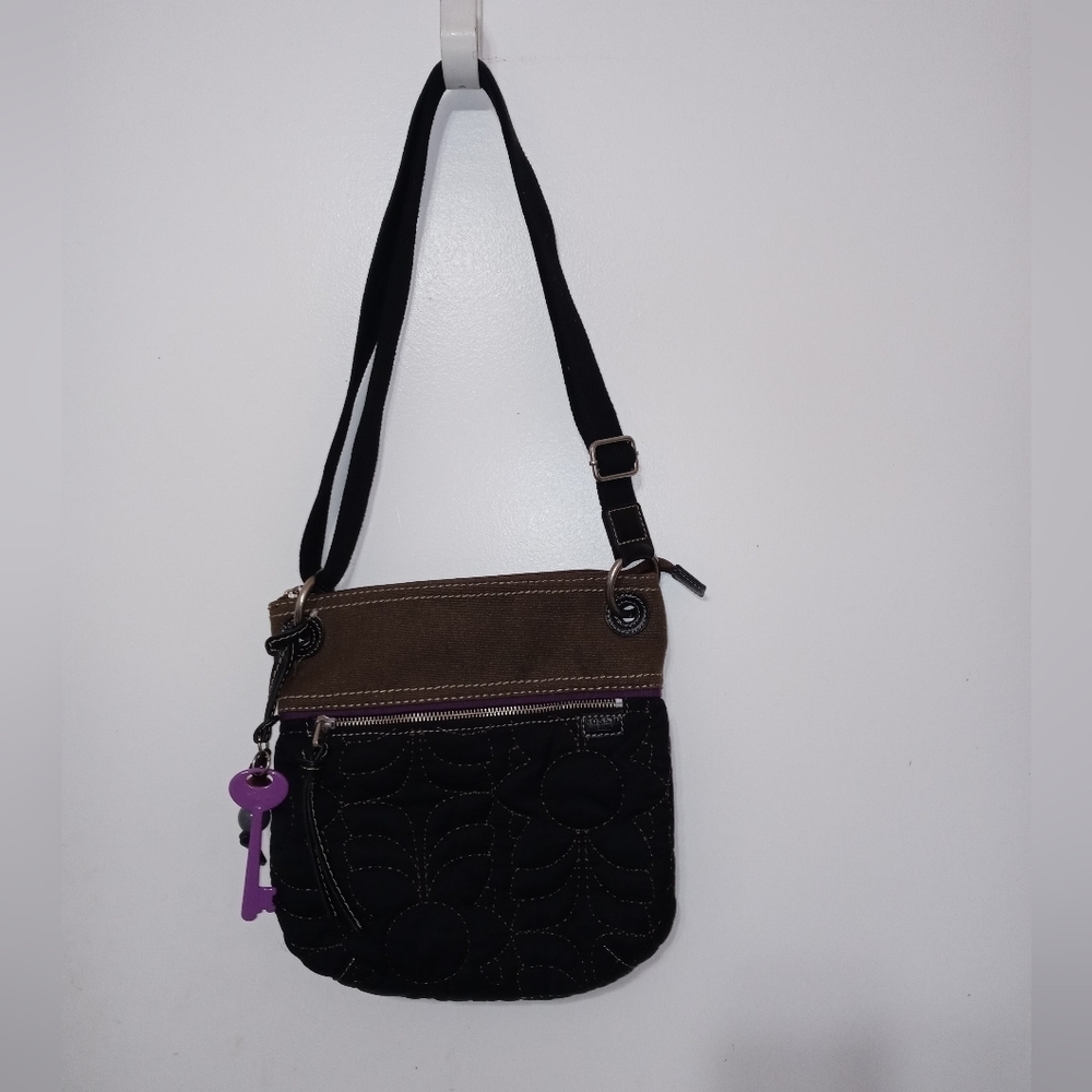 Fossil Key-Per Black Beige Quilted Embroidered floral Retro Shoulder Bag w Charm